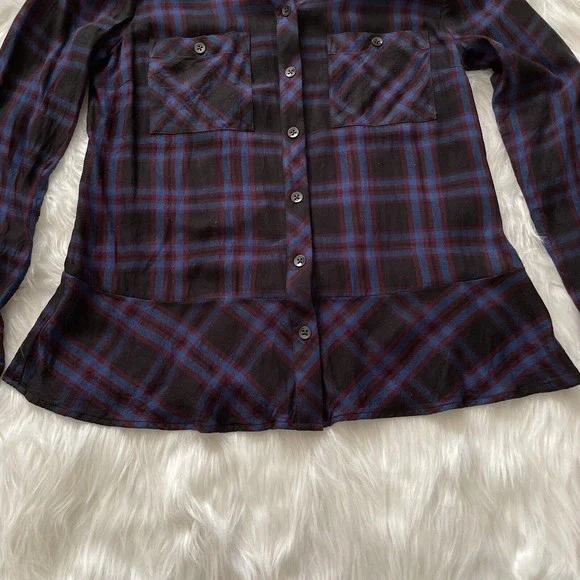 CAbi Flannel Peplum Top Plaid Check Button Down Shirt Ruffle Hem Medium - Picture 6 of 11